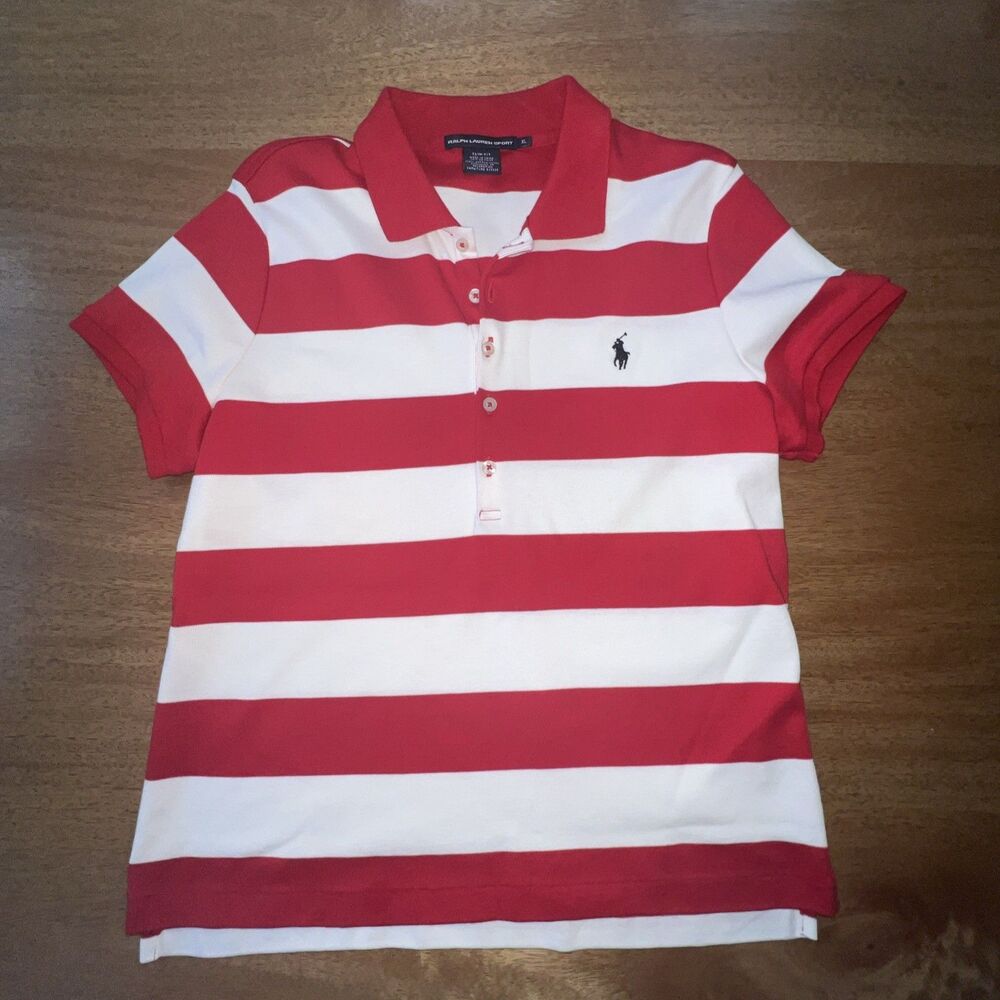 EUC Polo Ralph Lauren Women's Polo Shirt Slim Fit Short Sleeve Red & White Sz XL
